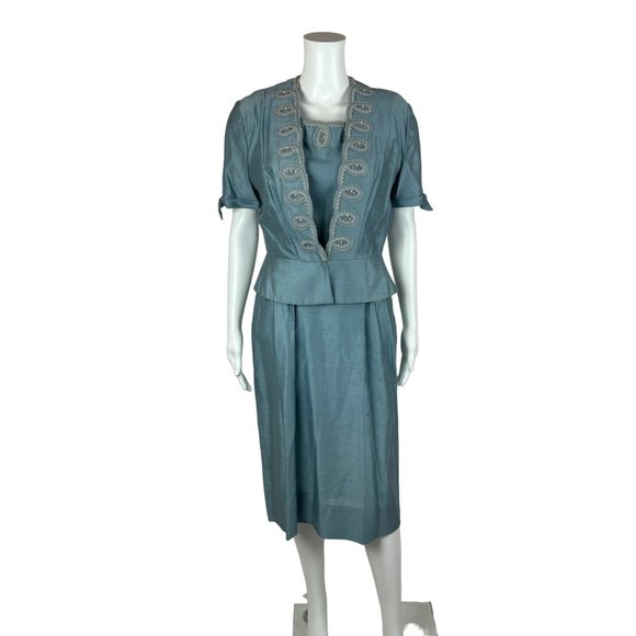 Vintage 1950s Dress Set Women's Small Faux Silk Blue Cocktail Outfit - Picture 15 of 15
